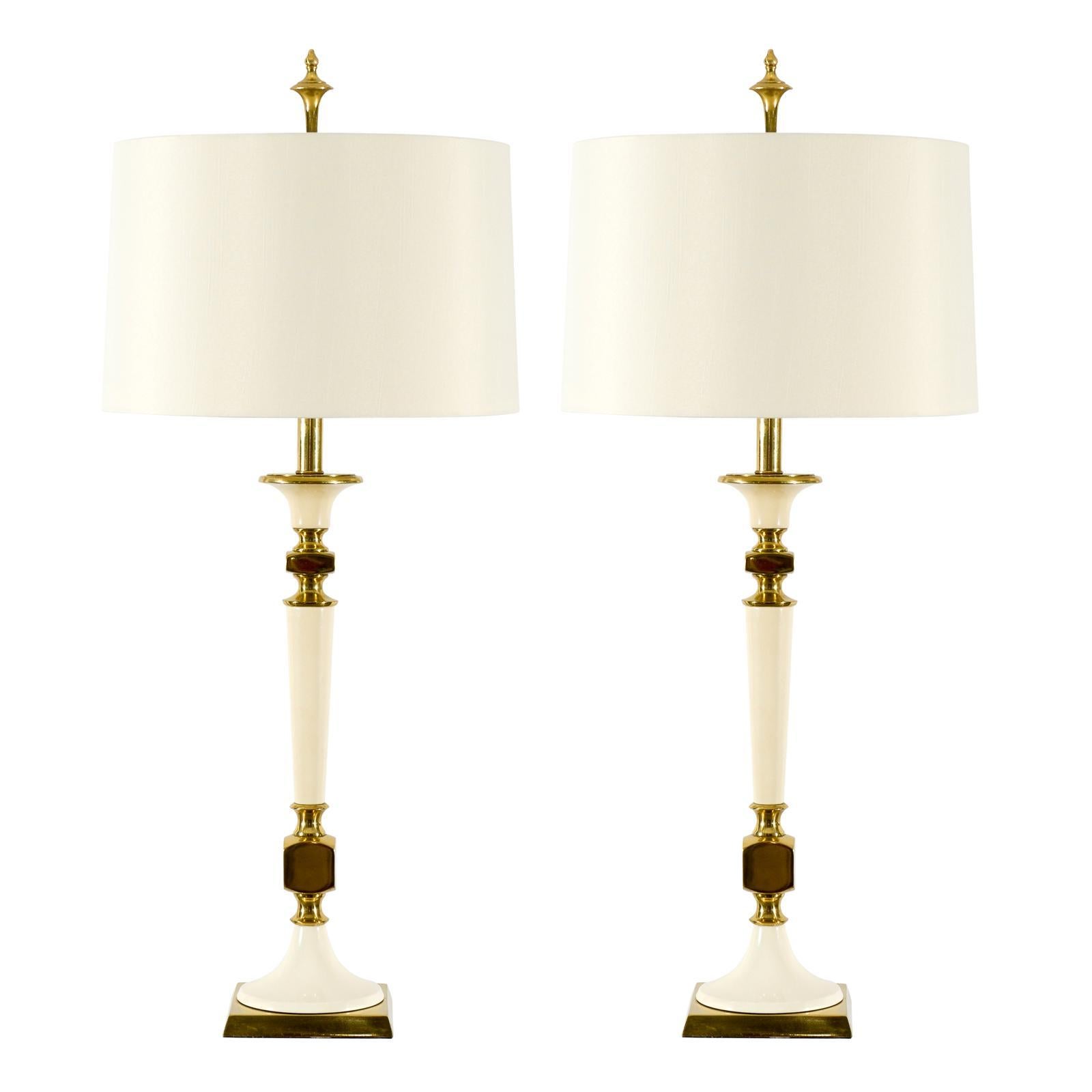 Gorgeous Pair of Stiffel Lamps in Brass and Cream
