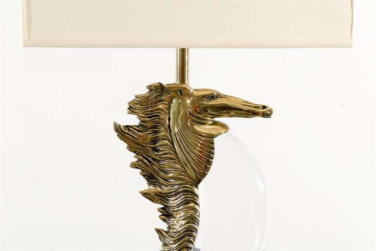 American Dramatic Vintage Lucite and Brass Stallion Head Lamp For Sale