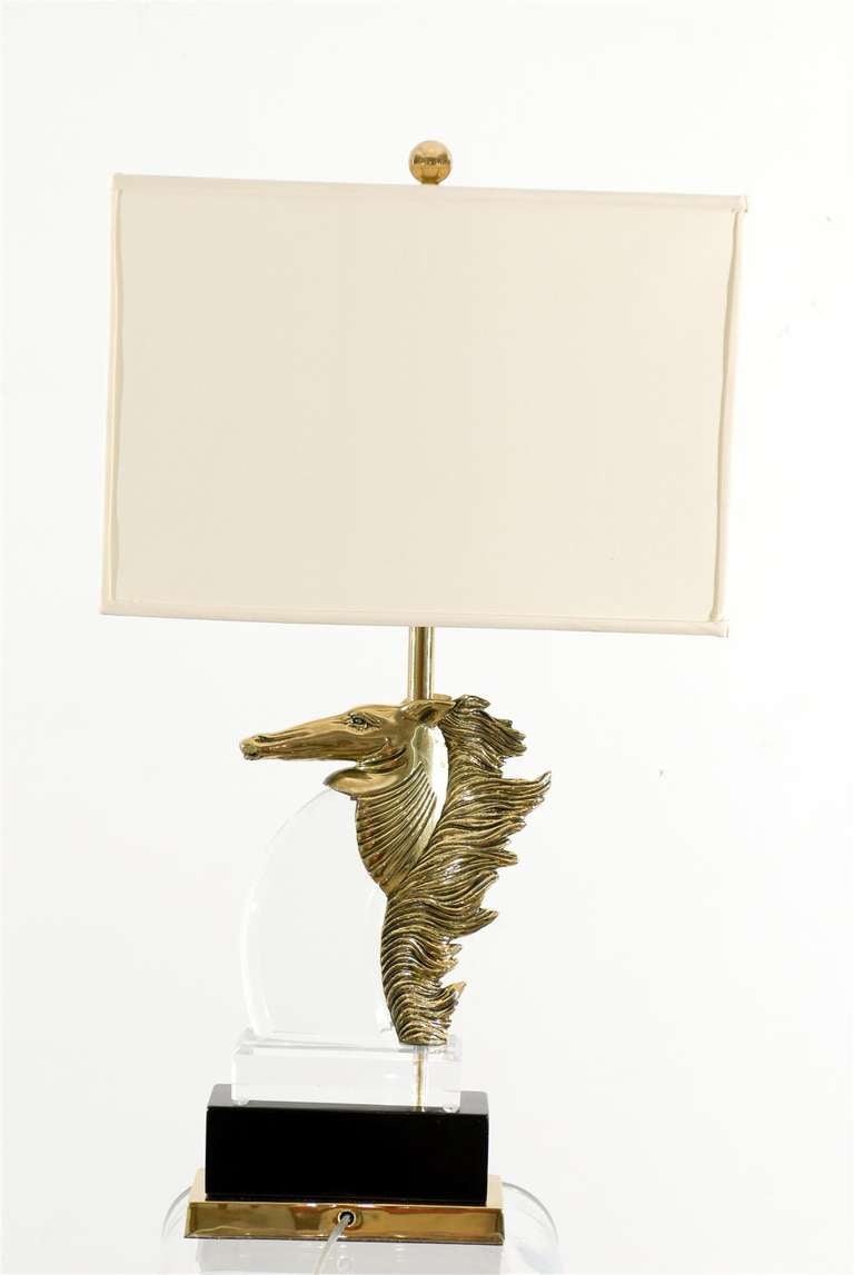 Dramatic Vintage Lucite and Brass Stallion Head Lamp For Sale 1