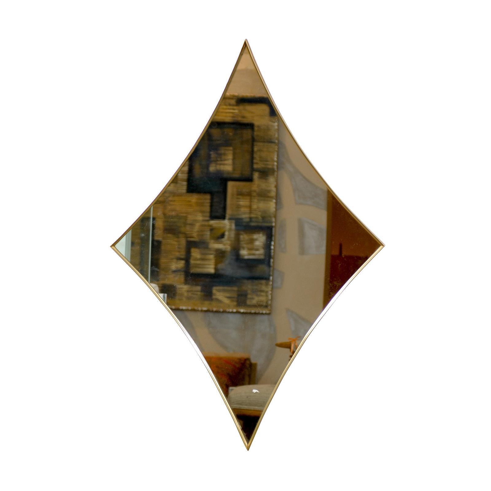 Unusual Diamond Shape Brass Frame Mirror Made by Turner of Chicago Ill