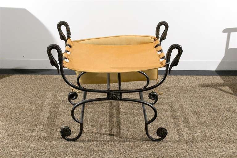 Directoire Style Bench in Iron With Bronze Mounts and Bronze Swan Head Motif In the Style of Jansen