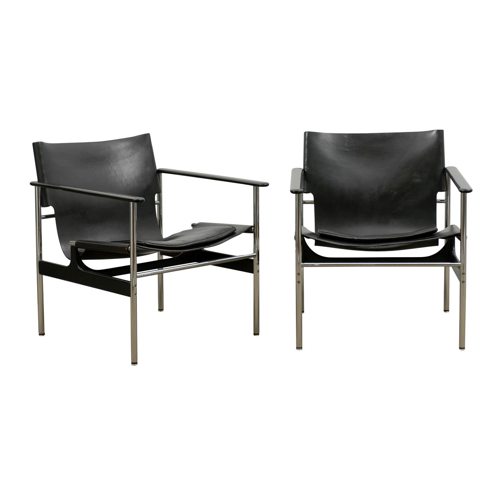 Handsome Pair of Charles Pollock 657 Leather Sling Lounge/Club Chairs by Knoll
