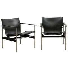 Handsome Pair of Charles Pollock 657 Leather Sling Lounge/Club Chairs by Knoll