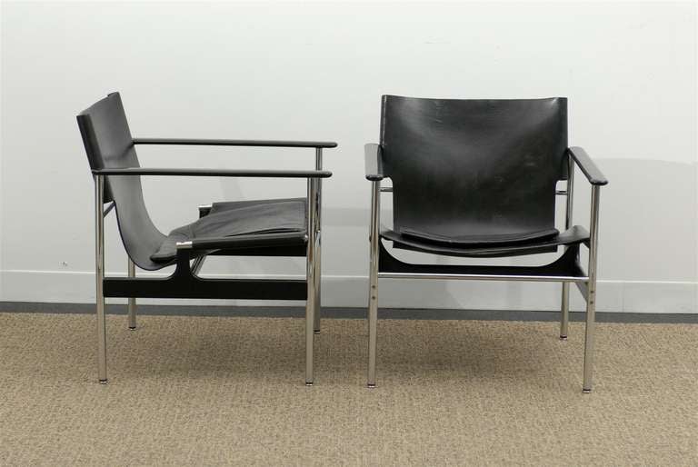 American Handsome Pair of Charles Pollock 657 Leather Sling Lounge/Club Chairs by Knoll