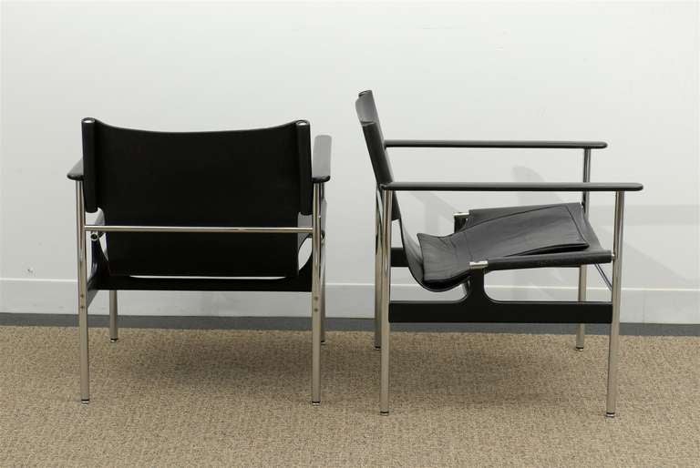 Handsome Pair of Charles Pollock 657 Leather Sling Lounge/Club Chairs by Knoll In Excellent Condition In Atlanta, GA