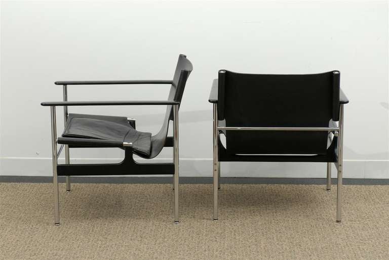 Mid-20th Century Handsome Pair of Charles Pollock 657 Leather Sling Lounge/Club Chairs by Knoll
