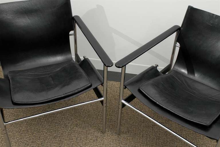 Handsome Pair of Charles Pollock 657 Leather Sling Lounge/Club Chairs by Knoll 3