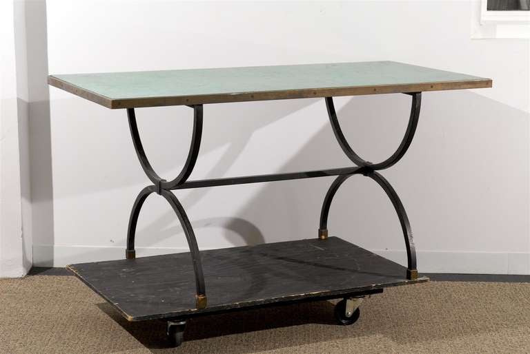 Beautiful Mid Century Style Iron Desk/ Table with Scagliola Malachite inserted top, with brass banding and details. Origin: Italy 