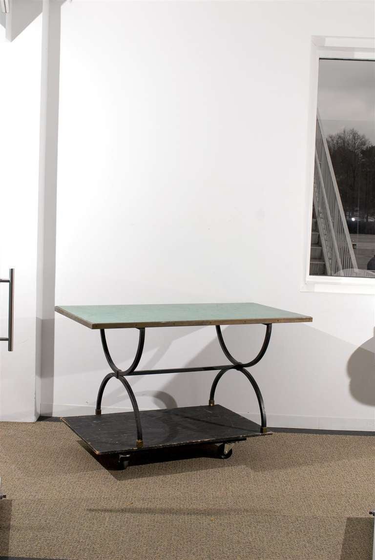 Mid-Century Modern 20th Century Iron Base Desk/Table with Scagliola Malachite Inserted Top For Sale