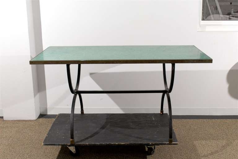 Italian 20th Century Iron Base Desk/Table with Scagliola Malachite Inserted Top For Sale