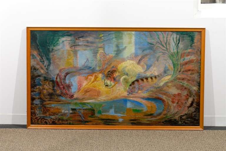 Exotic/Fantasy Sealife Oil Painting on Board Signed R. Mendes FR In Excellent Condition For Sale In Atlanta, GA