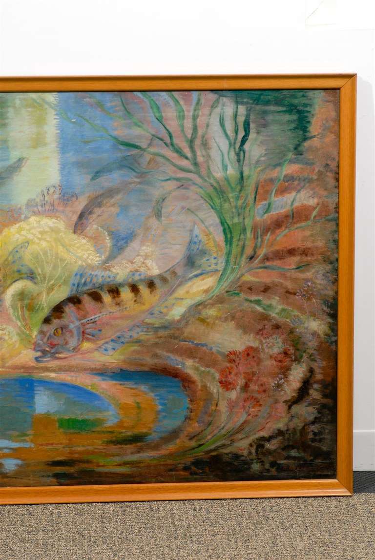 Expressionist Exotic/Fantasy Sealife Oil Painting on Board Signed R. Mendes FR For Sale