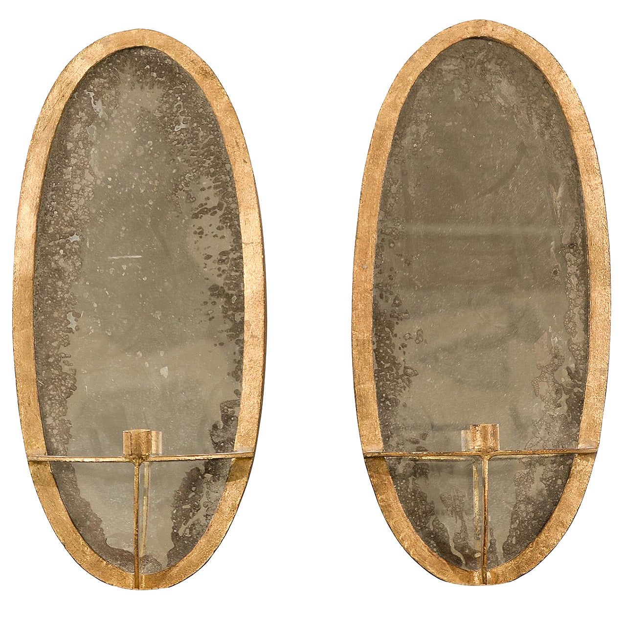 Pair of Oval Gilt Iron Sconces with Mirrored Backs