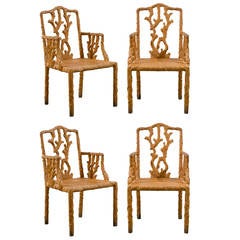 Set of Four Armchairs in Carved Wood, circa 1970 Origin Spain