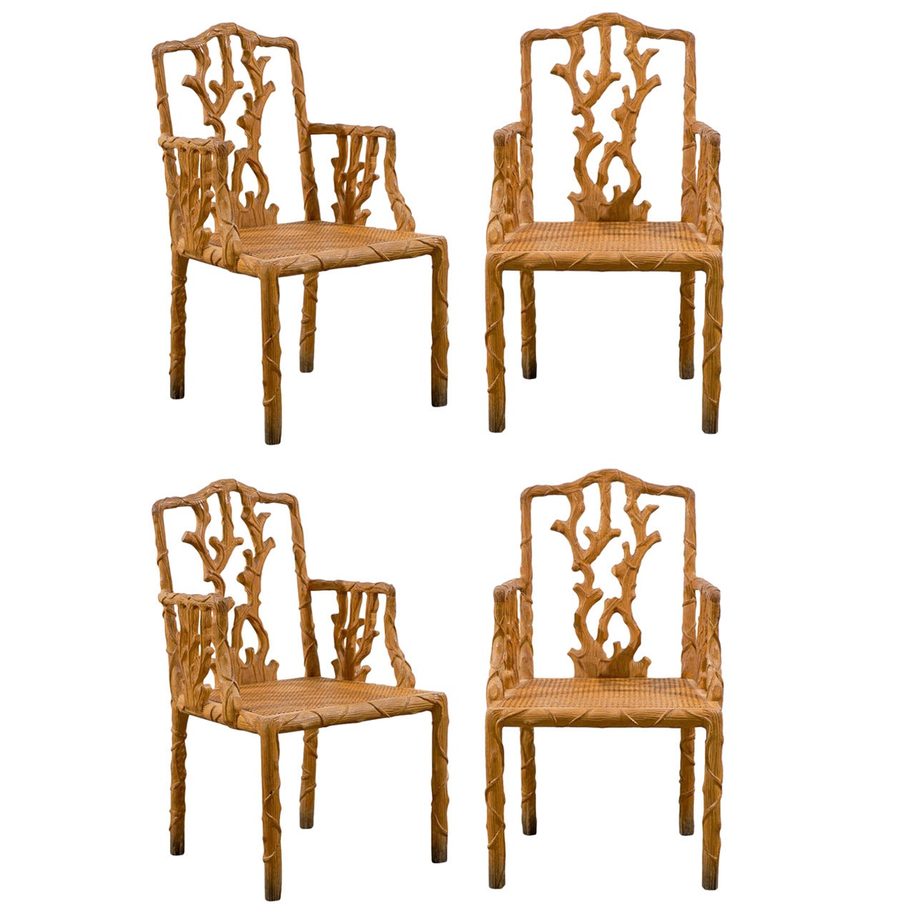 Set of Four Armchairs in Carved Wood, circa 1970 Origin Spain