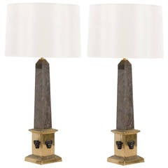 Pair of Marble and Brass Obelisk Lamps