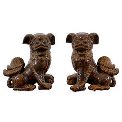 Pair of Brown Glazed Chinese Foo Dog Sculptures