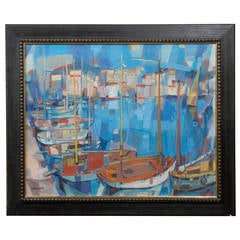 Oil on Canvas of Harbor Scene in Cannes Signed by Bordenave
