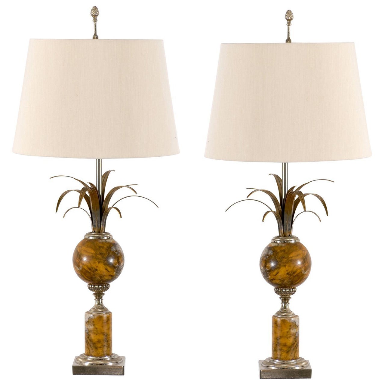 Pair of Maison Charles Marble and Silver Gilt Lamps For Sale