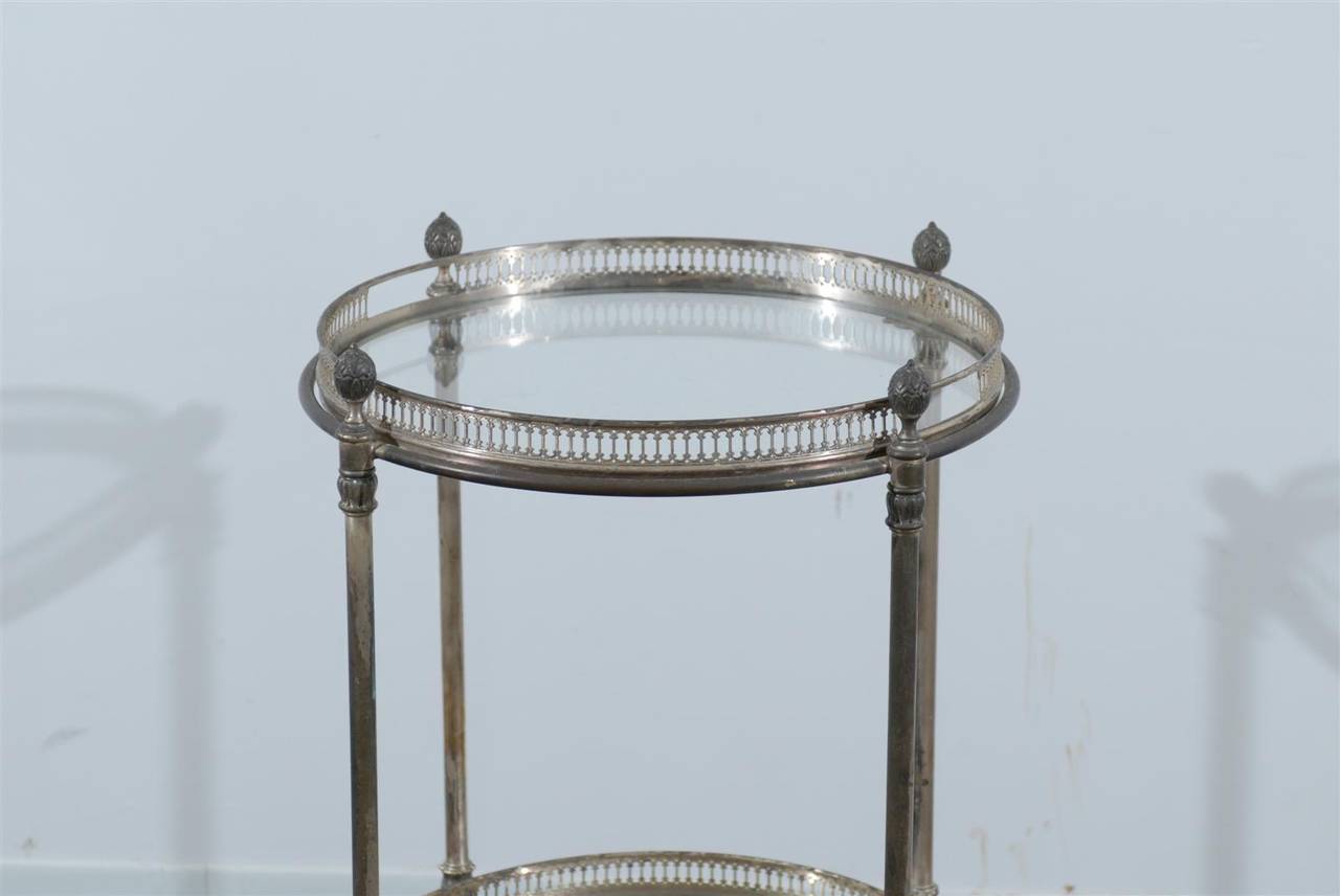 Late 20th Century Two-Tier Round Silver Tea Cart with Removable Tray on Wheels