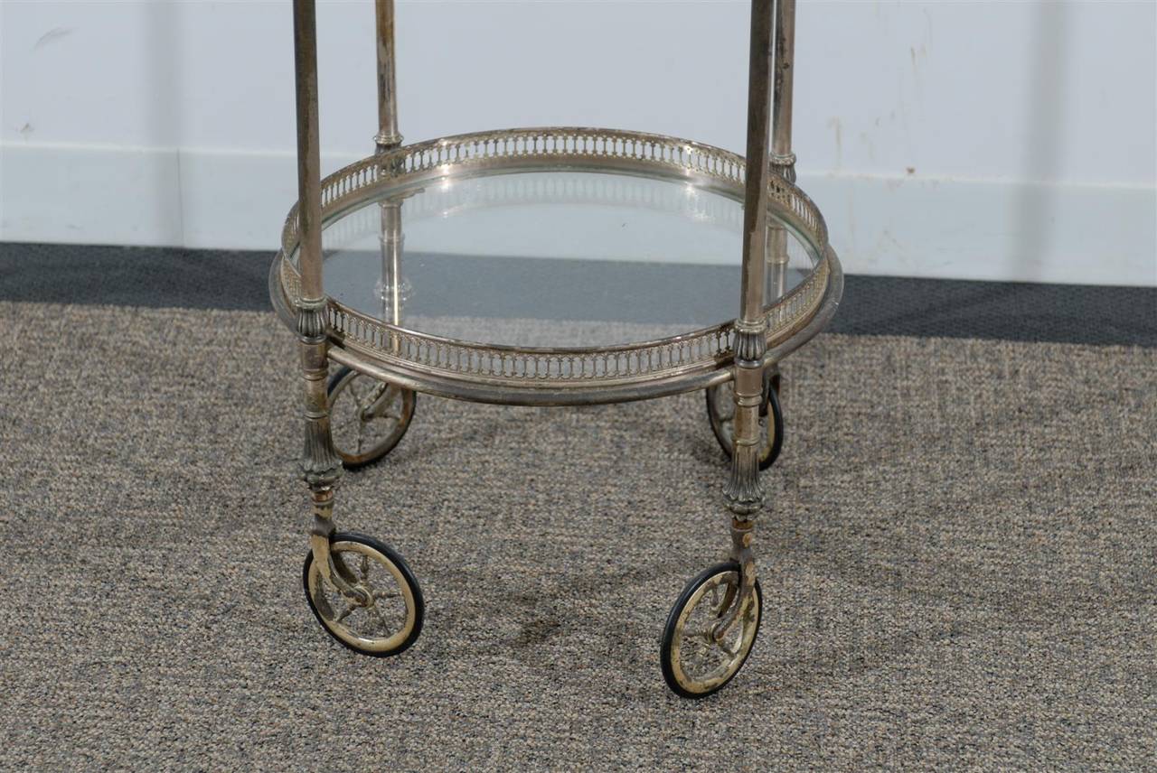 Glass Two-Tier Round Silver Tea Cart with Removable Tray on Wheels