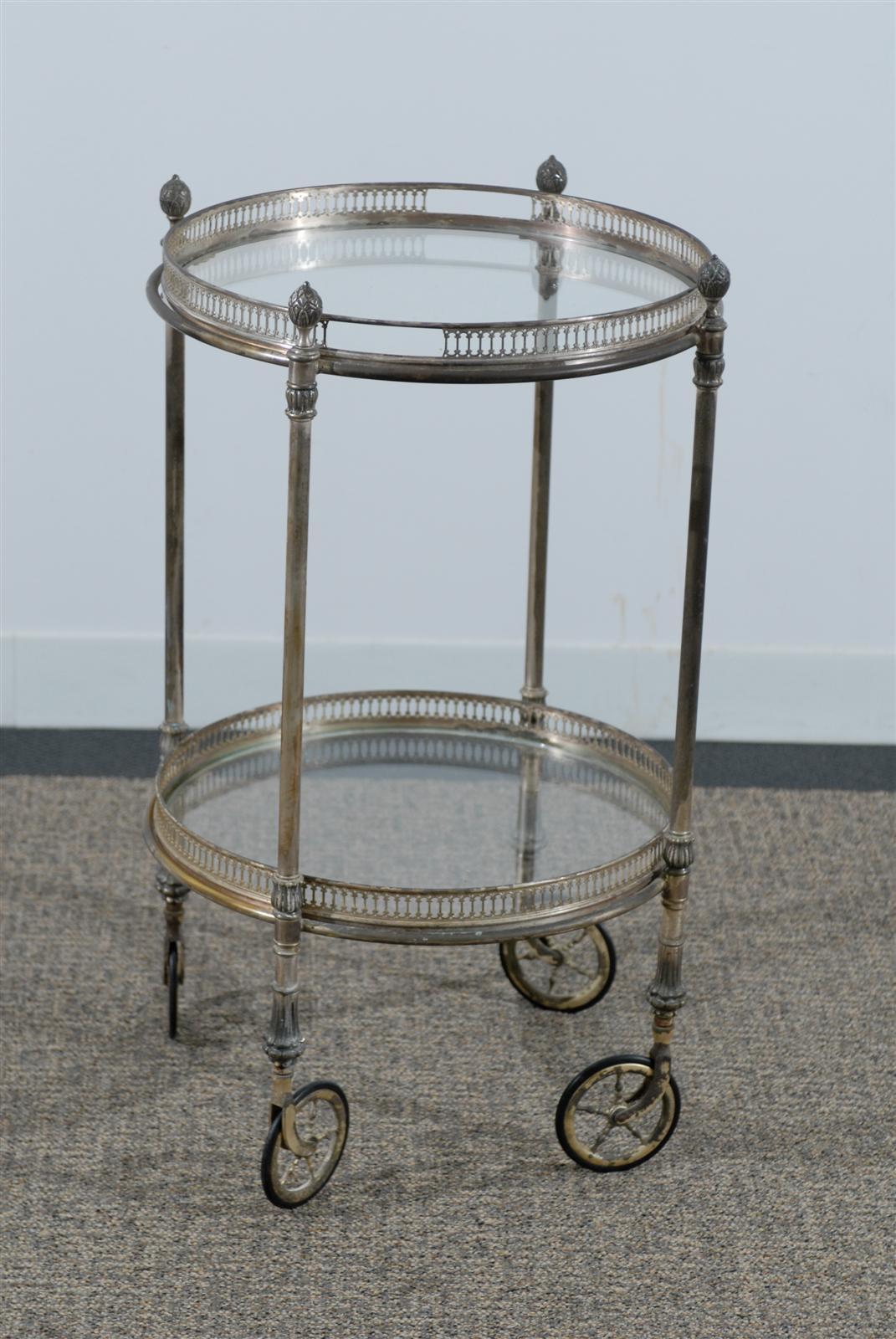 Two-Tier Round Silver Tea Cart with Removable Tray on Wheels In Excellent Condition In Atlanta, GA