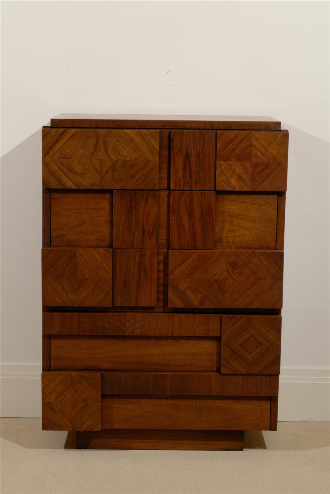 Handsome Brutalist Five Drawer Chest in Beautifuly Polished & Restored in Walnut. Made by Lane Furniture Circa 1970.