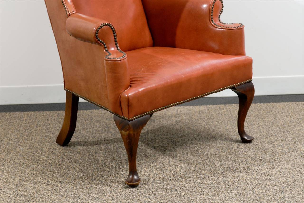 Leather Queen Anne Style Wing Chair in Burnished Orange with Nailhead Trim 3