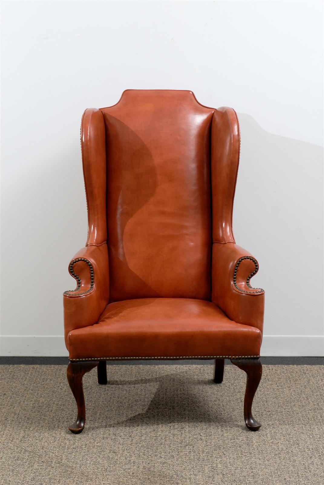 Leather Queen Anne Style Wing Chair in Burnished Orange with Nailhead Trim 1