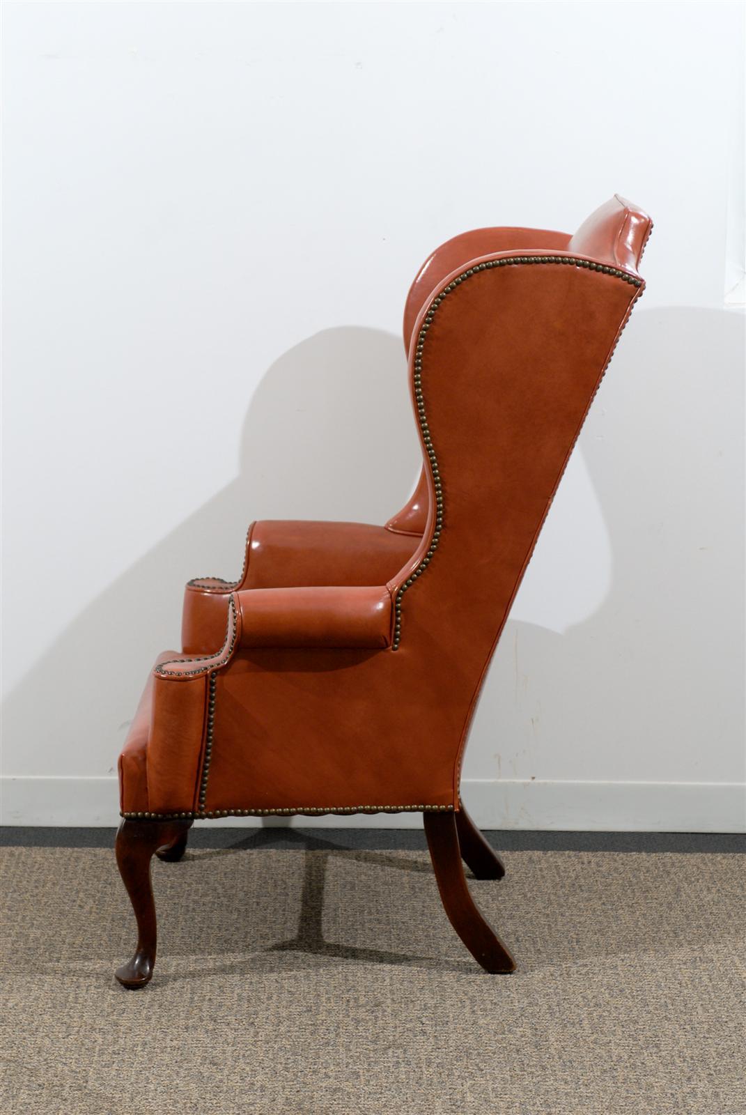 20th Century Leather Queen Anne Style Wing Chair in Burnished Orange with Nailhead Trim