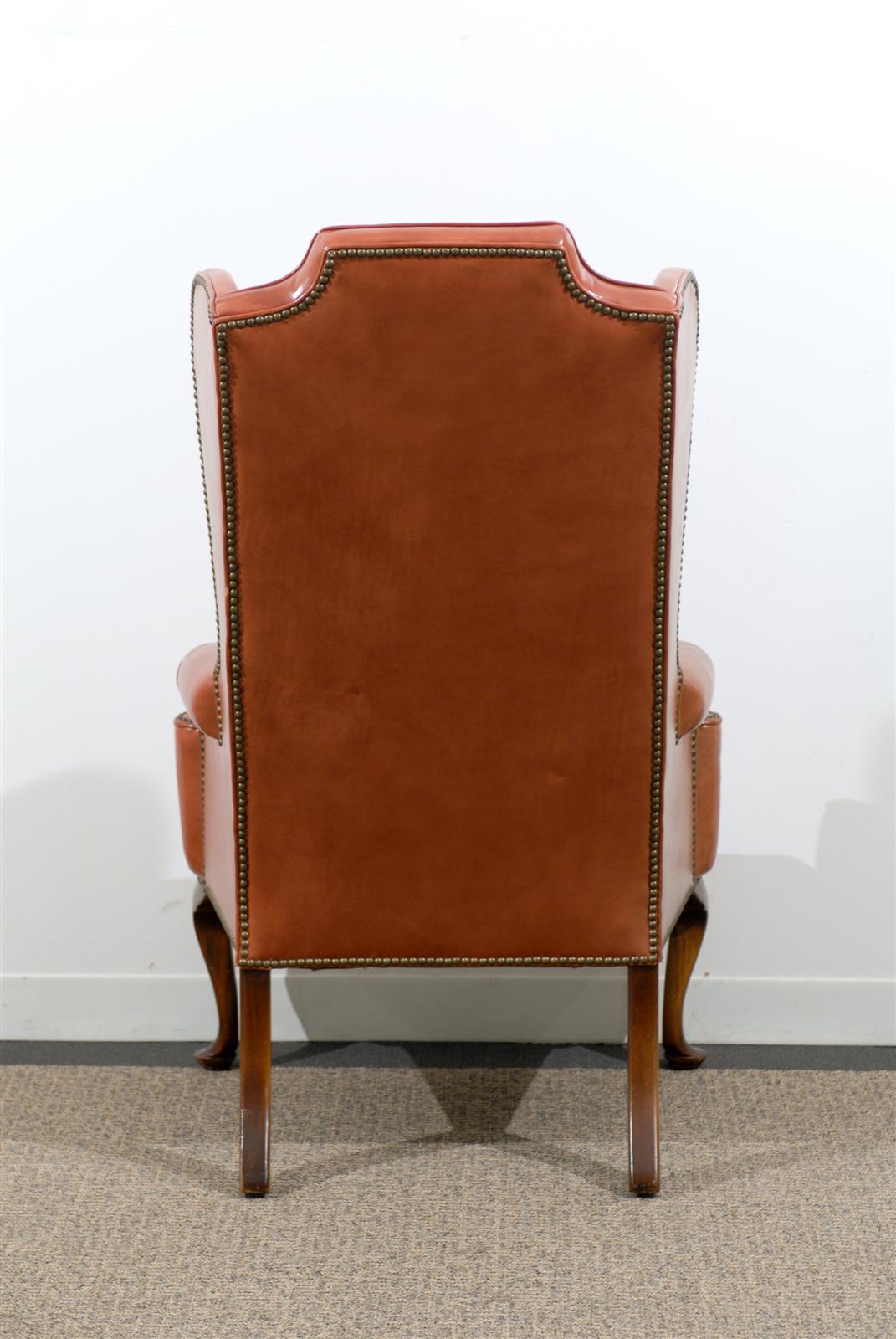 Leather Queen Anne Style Wing Chair in Burnished Orange with Nailhead Trim In Fair Condition In Atlanta, GA