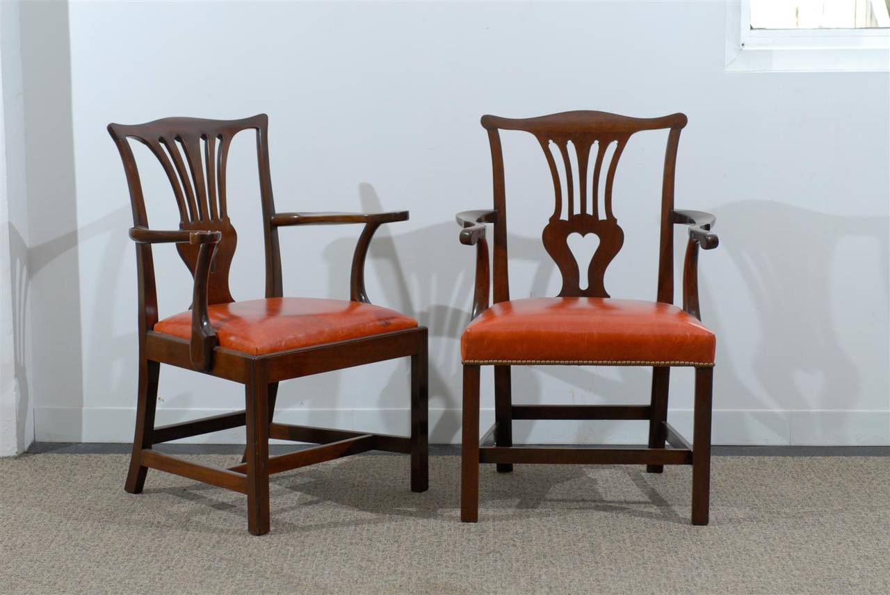 Working Pair of Chippendale Armchairs with Upholstered seats in Orange Leather. Restored and French Polished
