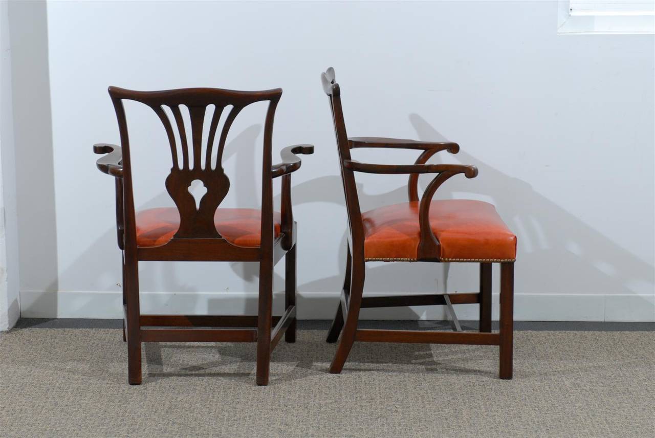 Leather Working Pair of Chippendale Armchairs in Mahogany