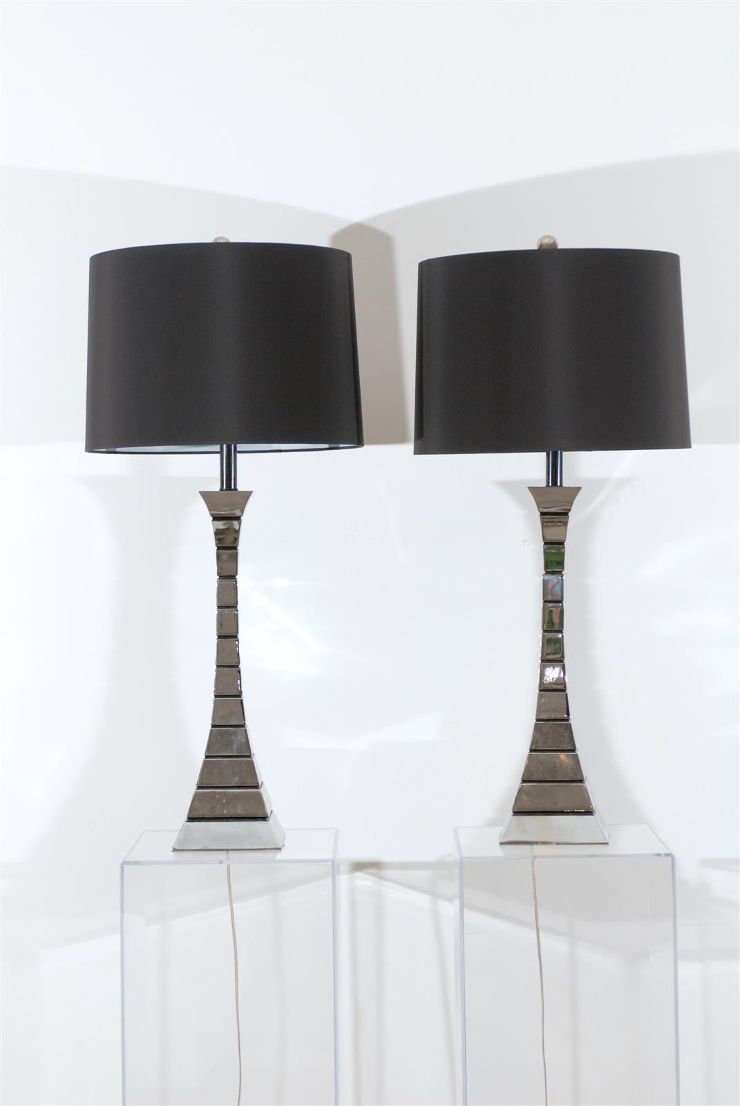 Patinated Pair of Midcentury Lamps in Chrome For Sale