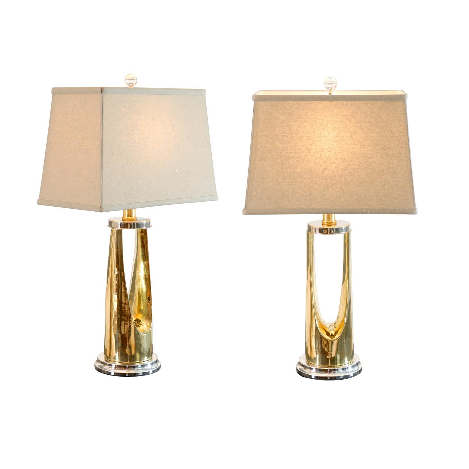 Fabulous Pair of Modern Lamps in Nickel and Brass