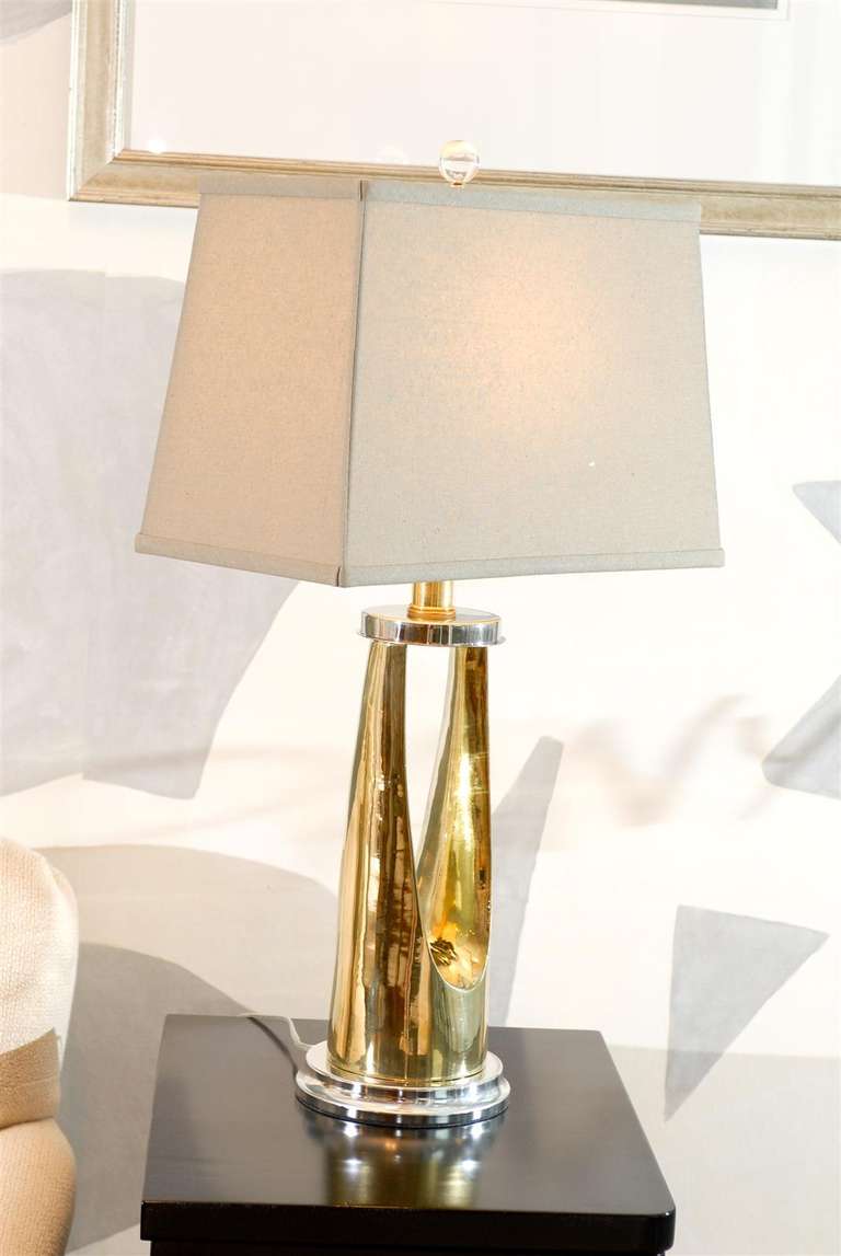Fabulous Pair of Modern Lamps in Nickel and Brass In Excellent Condition In Atlanta, GA