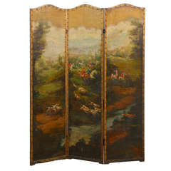 Beautiful 19th/ Early 20th Century Painted Hunt Scene on Leather Panel Screen/Nail Head Trim