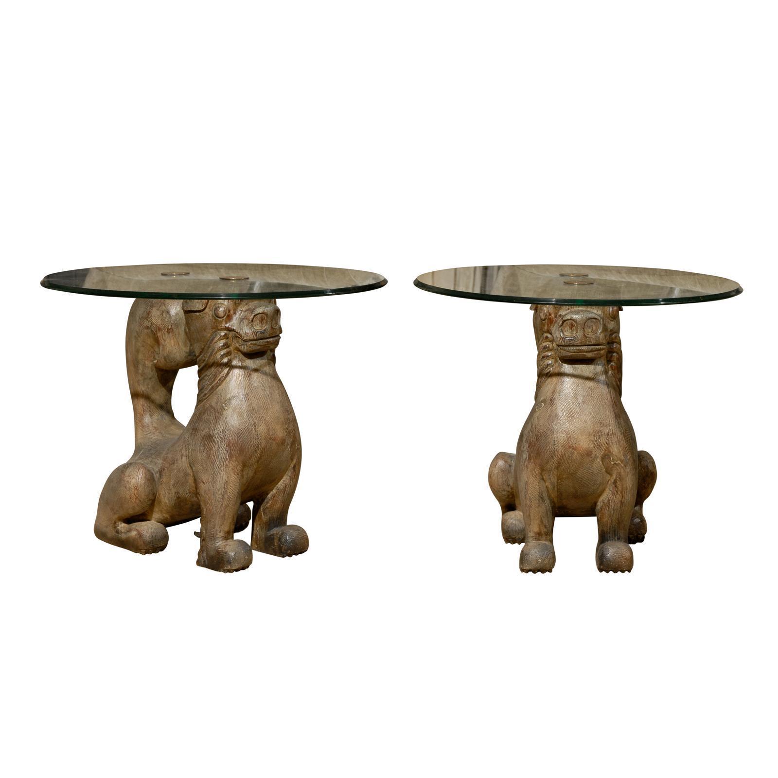 Dramatic Pair of Hand-Carved Foo Dog Tables by Sarreid Ltd For Sale