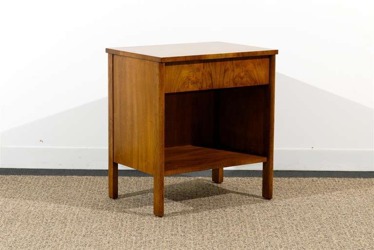 An unusually Beautiful and Stylish pair of end tables/night stands by Widdicomb, circa 1960. Walnut cases with book match burl walnut drawer fronts and accents. Substantial, well made pieces that are both modern and warm. Excellent Restored