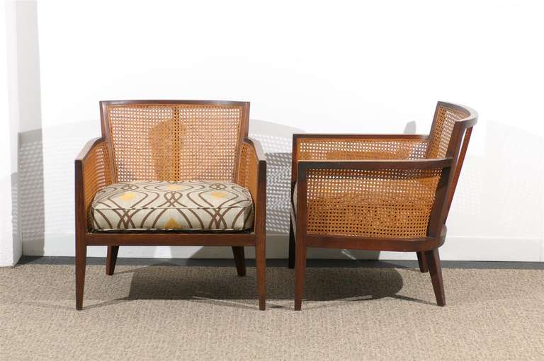 Mid-Century Modern Beautiful Pair of Walnut and Cane Lounge/Club Chairs by Harvey Probber