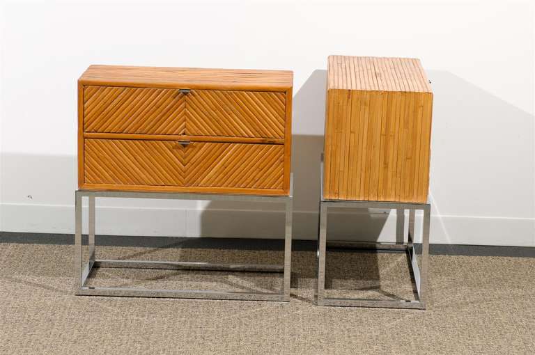 Mid-Century Modern Rare Pair of Milo Baughman Bamboo and Chrome End Tables/Night Stands