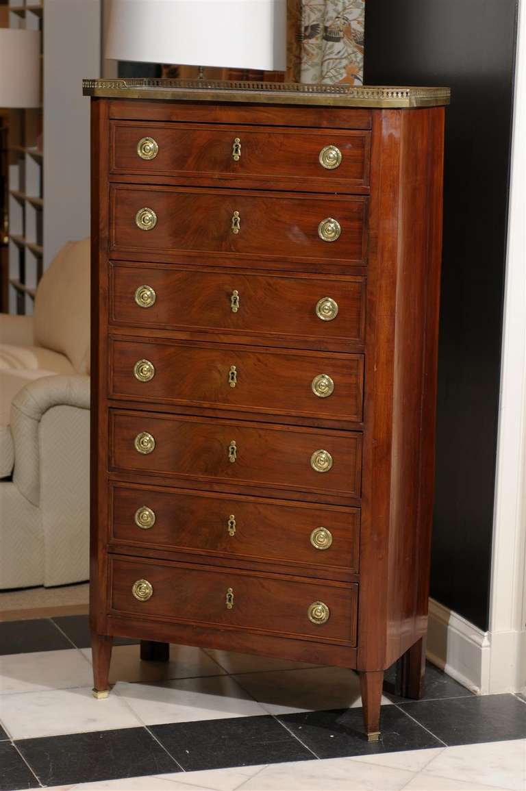 Beautiful Late 18th Century Louis XVI  Semainier Chest With White / Grey Marble Top with Brass Gallery