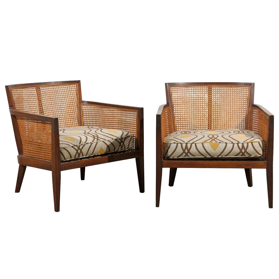 Beautiful Pair of Walnut and Cane Lounge/Club Chairs by Harvey Probber
