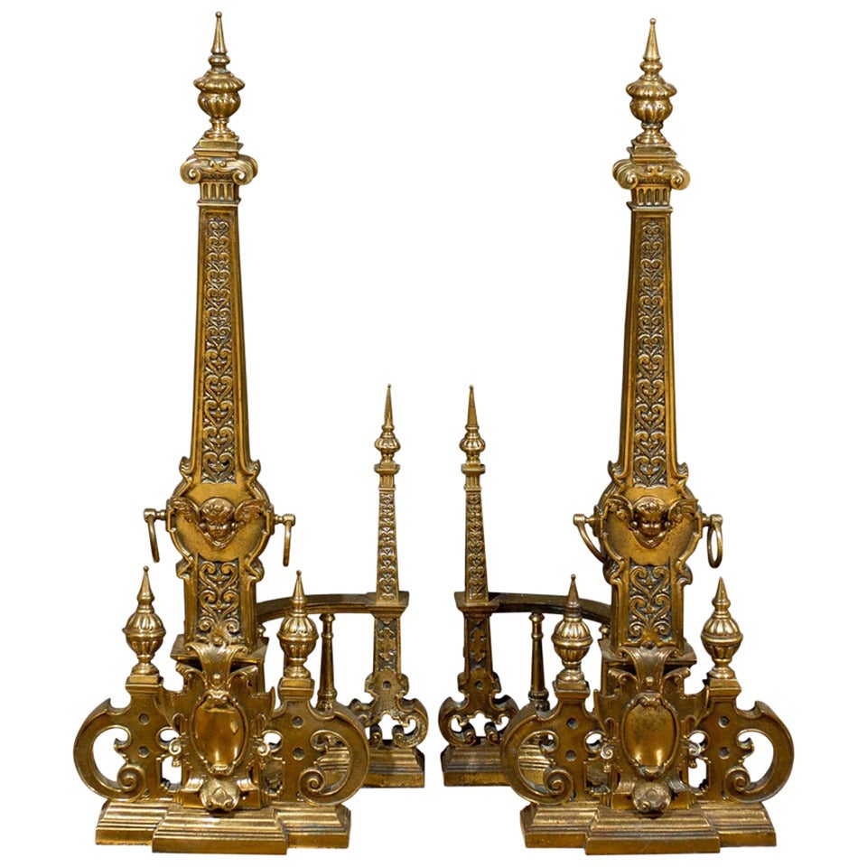 Exquisite Pair of Monumental Andirons in Bronze For Sale