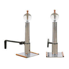 Beautiful Pair of Modern Andirons in Chrome, Copper and Glass