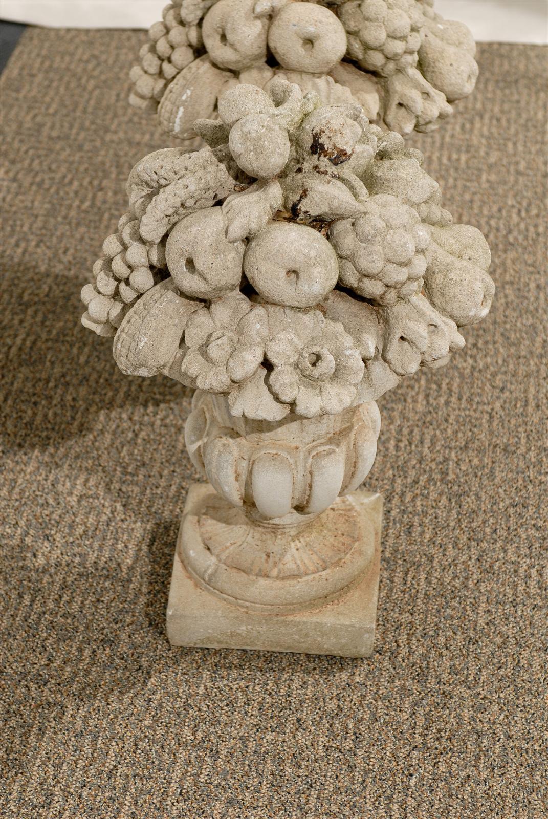 20th Century Pair of Fruit Baskets on Pedestals in Stone