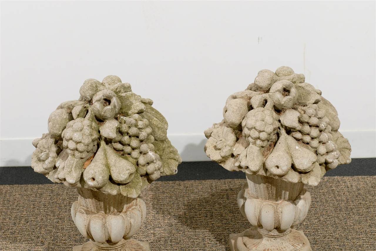 Pair of Fruit Baskets on Pedestals in Stone 1