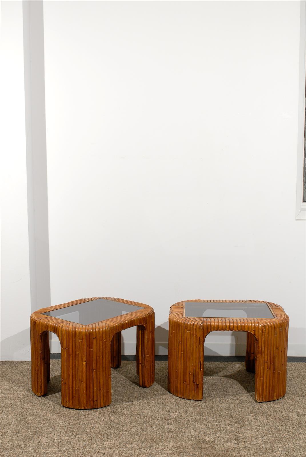 Mid-Century Modern Pair of Mid-Century Bamboo Side Tables with Inserted Smoked Glass Tops