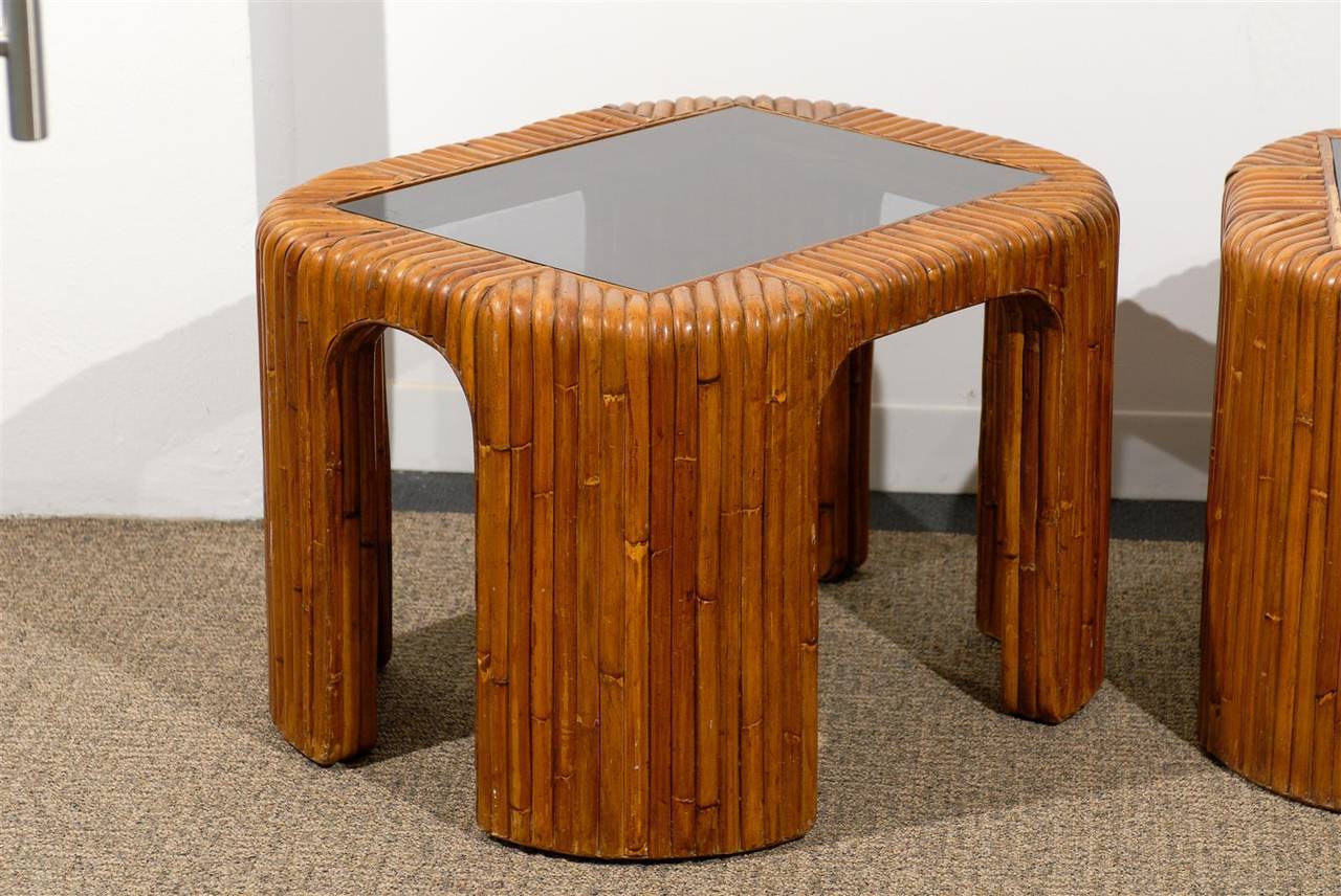 Pair of Mid-Century Bamboo Side Tables with Inserted Smoked Glass Tops 3