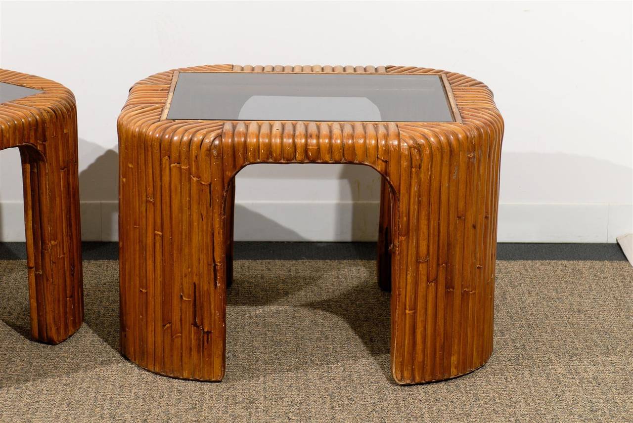 Mid-20th Century Pair of Mid-Century Bamboo Side Tables with Inserted Smoked Glass Tops
